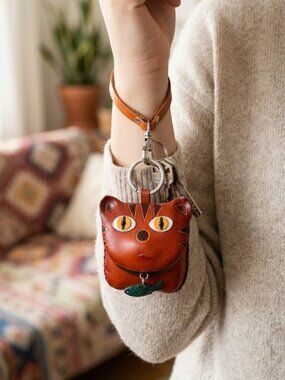 Leather Cat Wristlet, Keyring, Pouch, Coin Purse Magnet Closure